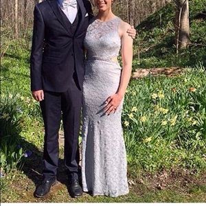 Dillard’s B. Darlin Gray Lace Open-Back Prom Dress